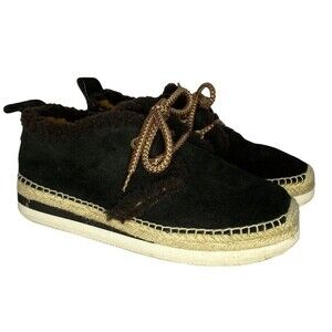 See by Chloe Shearling Suede Black Espadrille Platform Sneaker Size 39
